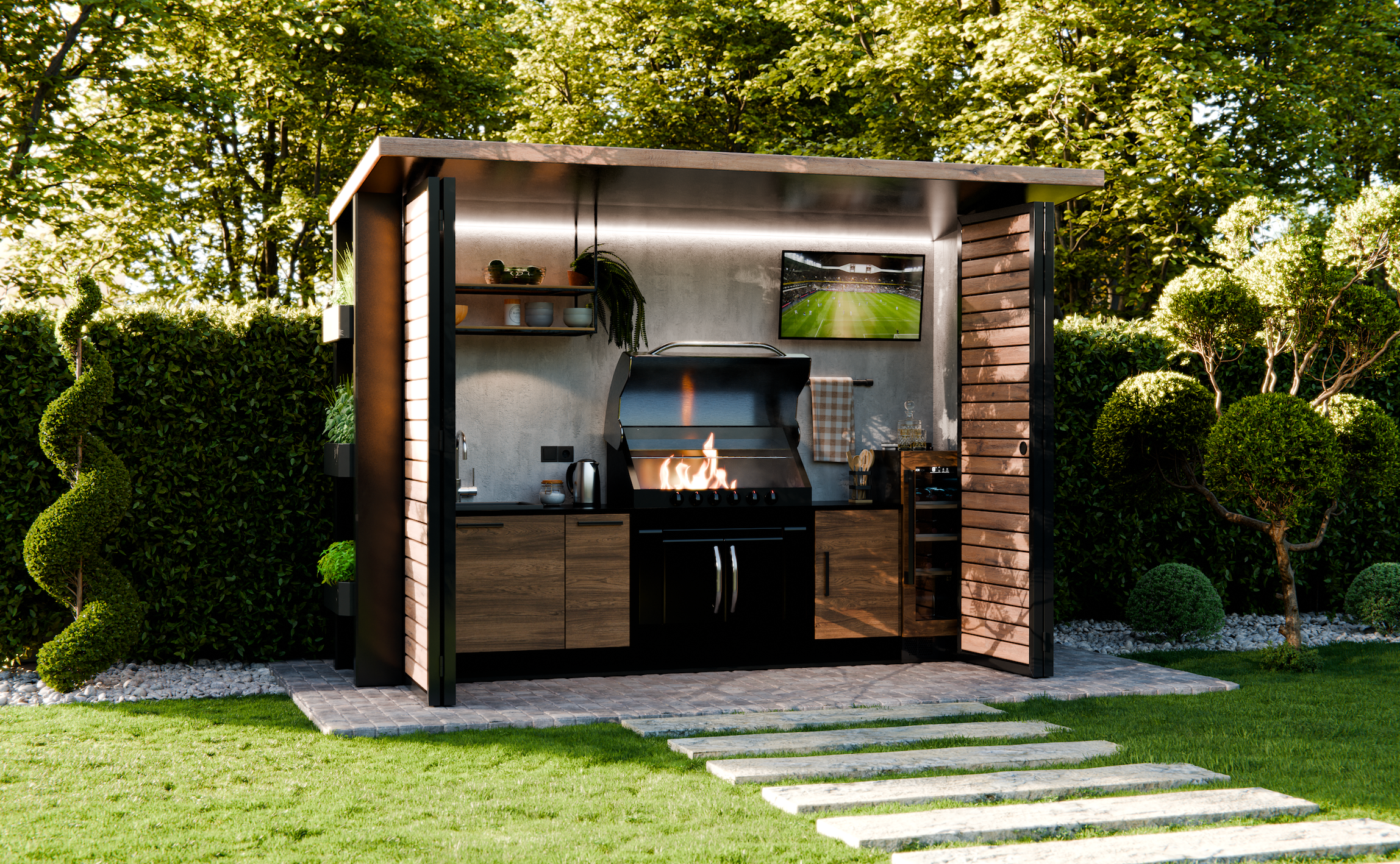 Suðaustanskjól - Álklætt með fellihurðum og skjólþaki