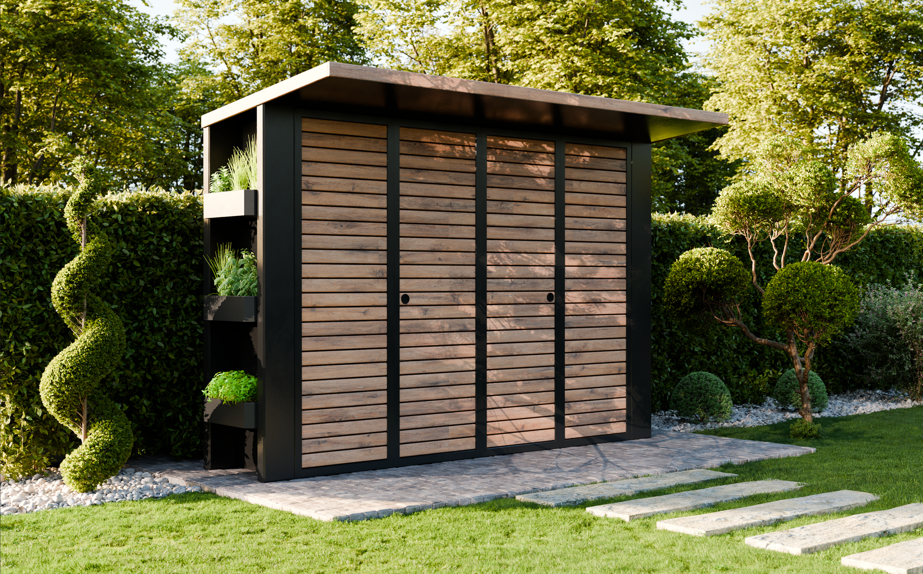 Suðaustanskjól - Álklætt með fellihurðum og skjólþaki