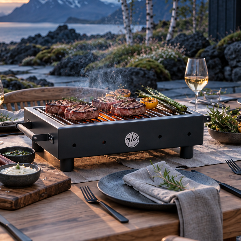 Svart Waguy borðgrill stendur á viðarborði utandyra við sólsetur, þar sem steik og grænmeti eru að grillast. Á borðinu eru einnig diskar, vínglös og vínflaska í ísfötu, en í bakgrunni sést fjallalandslag og stöðuvatn.
A black tabletop Waguy grill is set on a wooden dining table outdoors at sunset, cooking steak and vegetables, with plates, wine glasses, a bottle in an ice bucket, and a mountain lake landscape in the background.