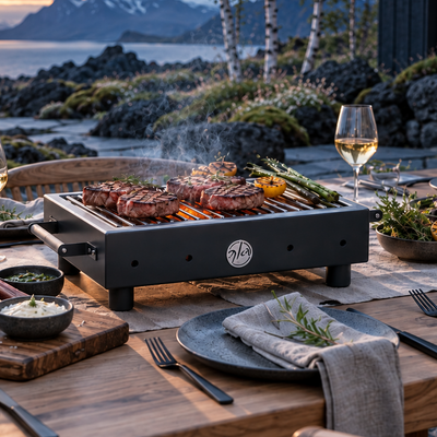 Svart Waguy borðgrill stendur á viðarborði utandyra við sólsetur, þar sem steik og grænmeti eru að grillast. Á borðinu eru einnig diskar, vínglös og vínflaska í ísfötu, en í bakgrunni sést fjallalandslag og stöðuvatn.

A black tabletop Waguy grill is set on a wooden dining table outdoors at sunset, cooking steak and vegetables, with plates, wine glasses, a bottle in an ice bucket, and a mountain lake landscape in the background.